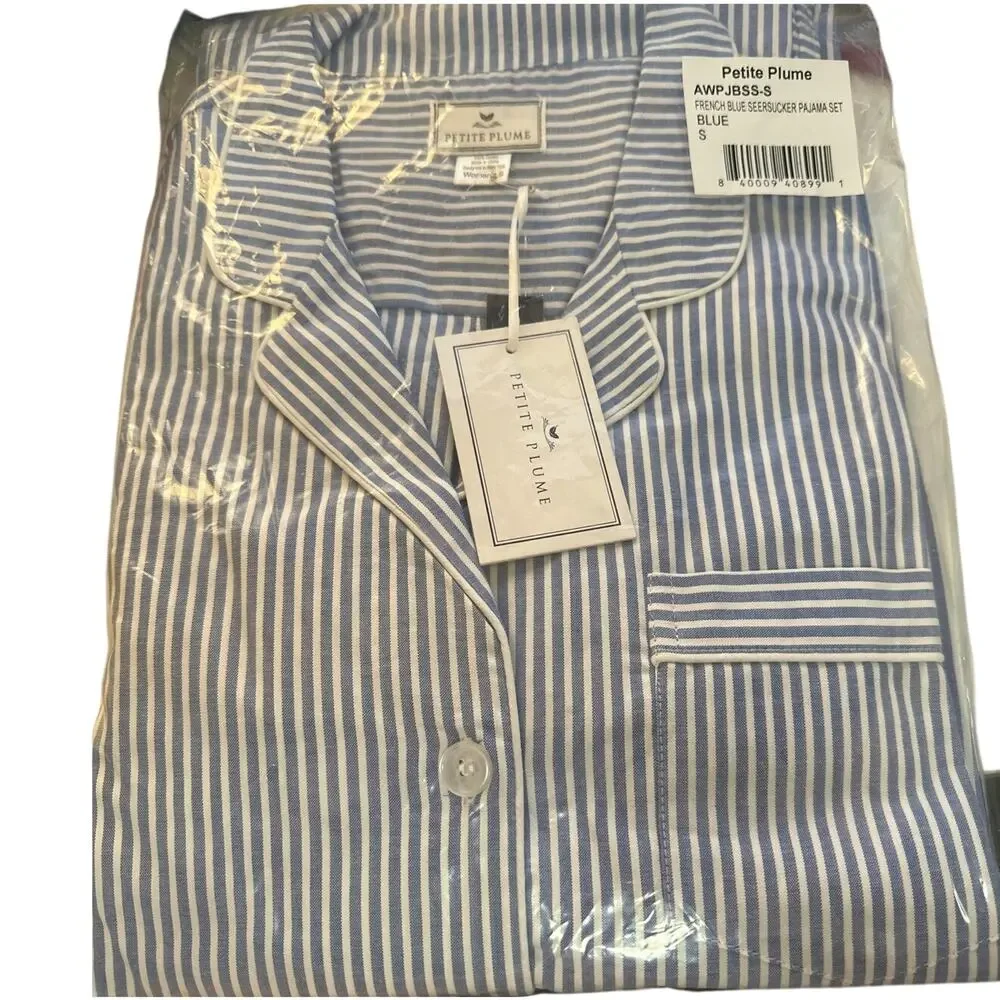 Petite Plume Seersucker Stripe Pajamas French Blue Pajama Set Womens Size Small